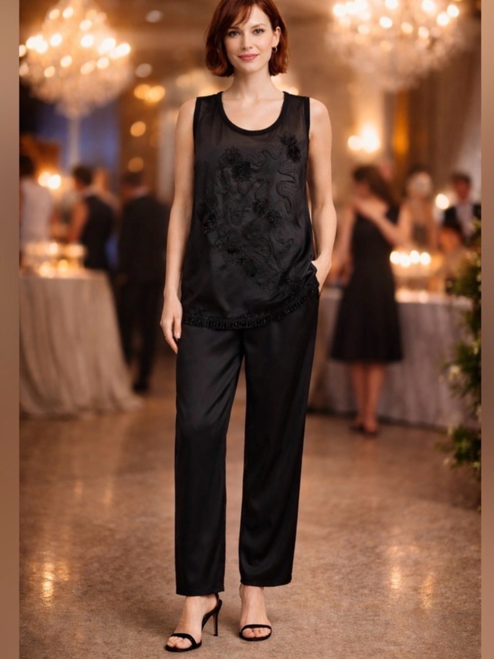 Jones New York Collection Black Embellished Satin Sleeveless Top Large Beaded